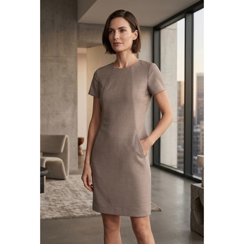 Theory Rikae SS Mediate Taupe Wool Blend Shift Dress Short Sleeve Pockets Size 4